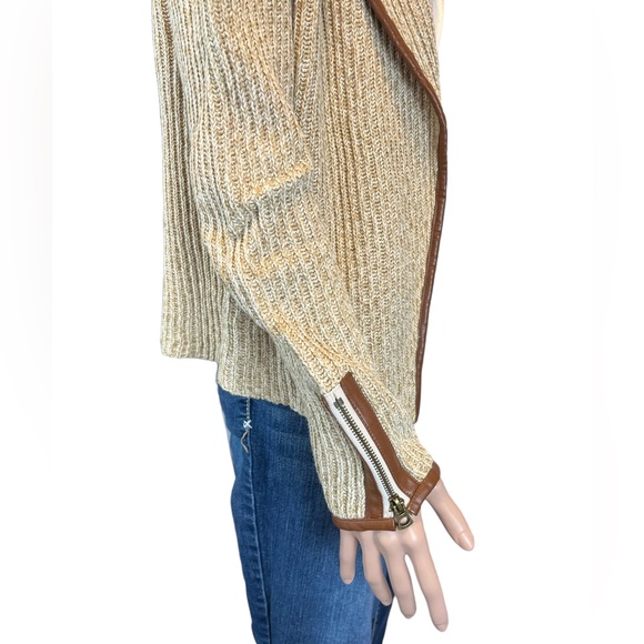NWOT Lucky Brand Open Faux Leather Edged Sweater, Browns |M - Picture 7 of 15